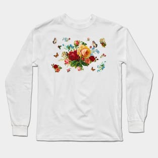 Romantic Roses Butterflies with Victorian Frame Calligraphy Long Sleeve T-Shirt